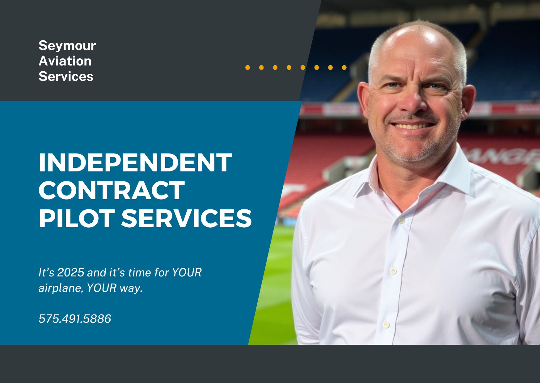 A promotional banner for independent contract pilot services featuring a smiling man.