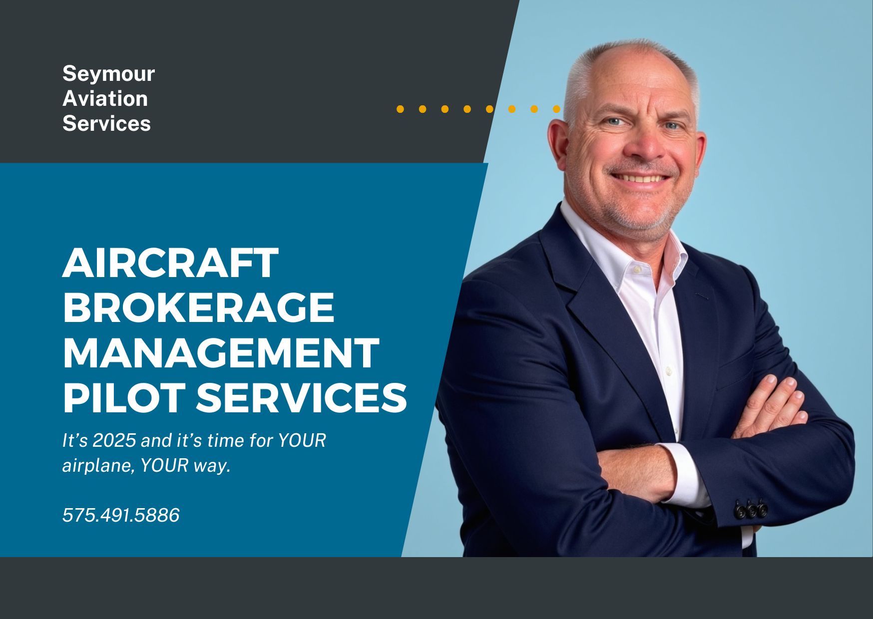 Professional man promoting aircraft brokerage and management services.