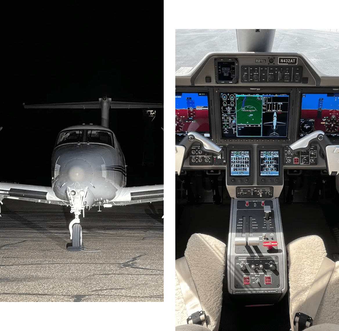 Airplane exterior and cockpit interior view.
